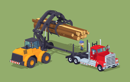 Logs loading on truck. 3D lowpoly isometric vector concept illustrationのイラスト素材