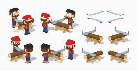 Log sawing on the work bench. 3D lowpoly isometric vector illustration. The set of objects isolated against the white background and shown from different sidesのイラスト素材
