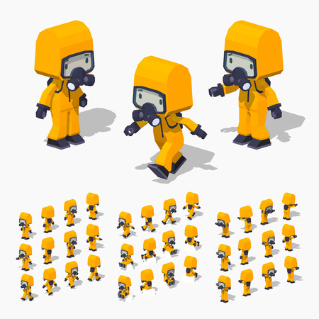 Low poly man in the orange protective suit. 3D lowpoly isometric vector illustration.のイラスト素材
