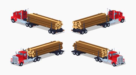 Log truck with the pile of logs. 3D lowpoly isometric vector illustration. The set of objects isolated against the white background and shown from different sidesのイラスト素材