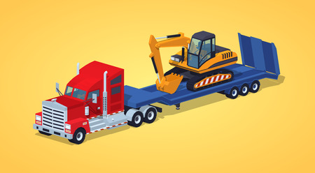 Red heavy truck with yellow excavator on the blue low-bed trailer against the yellow background. 3D lowpoly isometric vector illustrationのイラスト素材