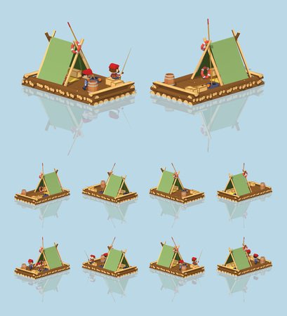 Low poly wooden raft. 3D lowpoly isometric vector illustration. The set of objects isolated against the light-blue background and shown from different sidesのイラスト素材