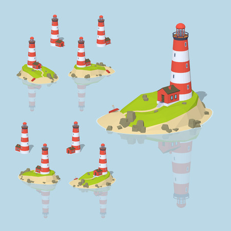 Low poly lighthouse. 3D lowpoly isometric vector illustration. The set of objects isolated against the light-blue background and shown from different sidesのイラスト素材