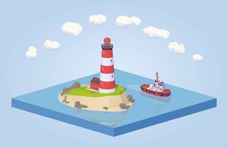Lighthouse and tugboat. 3D lowpoly isometric vector concept illustrationのイラスト素材