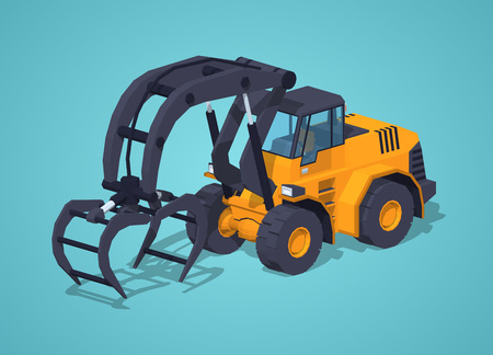 Yellow log loader against the blue background. 3D lowpoly isometric vector illustrationのイラスト素材