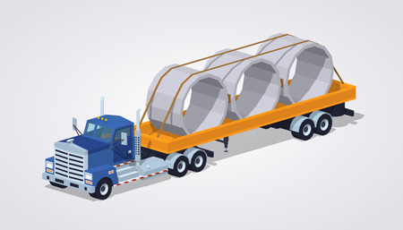 Blue heavy truck and yellow trailer with the concrete rings on it against the white background. 3D lowpoly isometric vector illustrationのイラスト素材