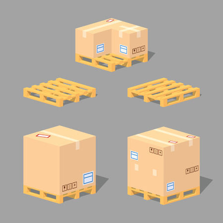 Cardboard boxes on the pallets. 3D lowpoly isometric vector illustration. The set of objects isolated against the grey background and shown from different sidesのイラスト素材