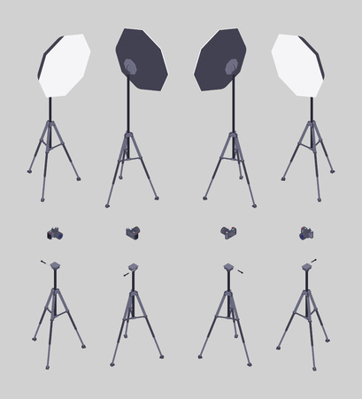 Set of the isometric softboxes, photocameras and tripods. The objects are isolated against the grey background and shown from different sidesのイラスト素材