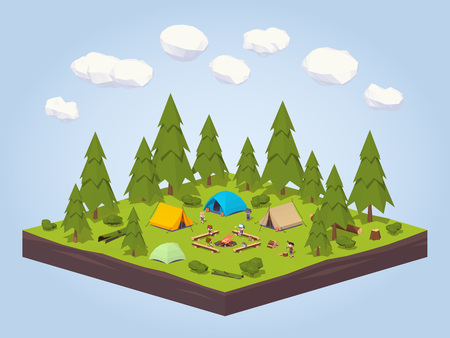 Campsite in the woods. 3D lowpoly isometric concept illustrationのイラスト素材