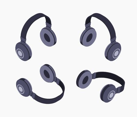 Set of the isometric black headphones. The objects are isolated against the white background and shown from different sidesのイラスト素材