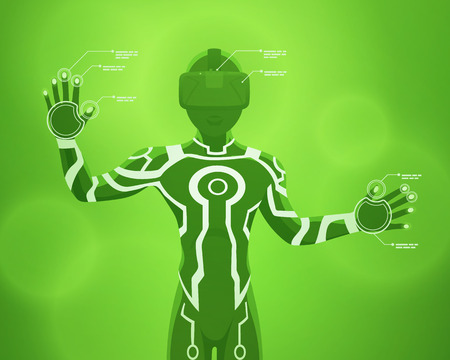 Futuristic male figure in the VR headset. Vector concept illustrationのイラスト素材