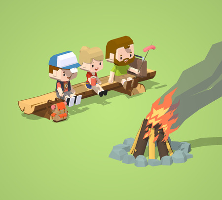 Low poly rough wooden bench and the campfire. 3D lowpoly isometric vector concept illustrationのイラスト素材
