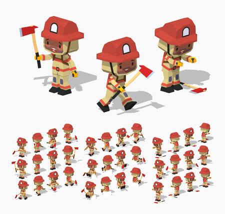 Firefighter. 3D lowpoly isometric vector illustration. The set of objects isolated against the white background and shown from different sidesのイラスト素材