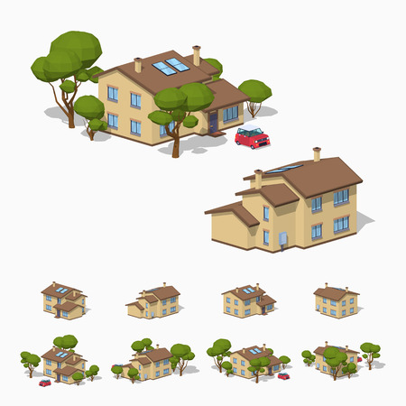 Suburban house. 3D lowpoly isometric vector illustration. The set of objects isolated against the white background and shown from different sidesのイラスト素材