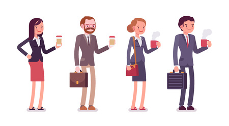 Office workers with coffee. Men and women in a formal wear. The set of characters isolated against the white background. Cartoon vector flat-style business concept illustrationのイラスト素材