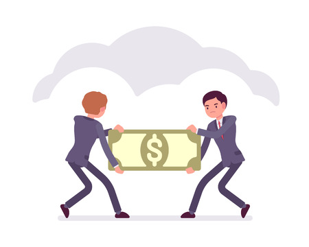 Two businessmen are pulling the papernote to each other. Cartoon vector flat-style business concept illustrationのイラスト素材