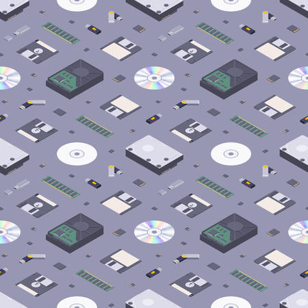 Isometric flat digital memory storages seamless pattern against the dark-purple background