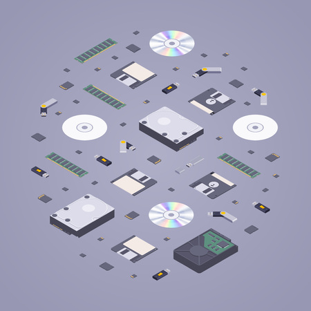 Isometric flat digital memory storages against the purple background. 3D isometric flat vector conceptual illustrationのイラスト素材
