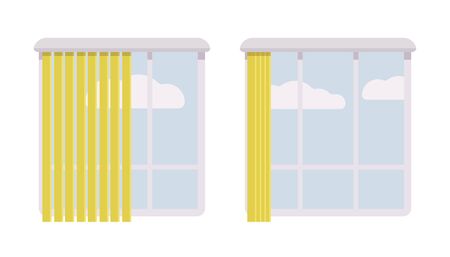 Windows with open and halfopen green jalousie. White clouds. Cartoon vector flat-style concept illustrationのイラスト素材
