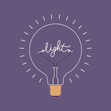 Shining light bulb with a word Light from the metal wire inside. Purple background. Consept cartoon flat-style illustrationのイラスト素材