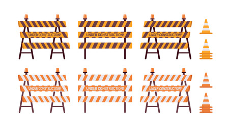 Set of roadblock with light and cone isolated against the white background. Cartoon vector flat-style illustrationのイラスト素材