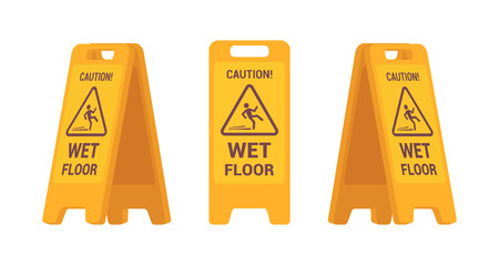 Set of wet floor sign isolated against white background. Cartoon vector flat-style illustrationのイラスト素材
