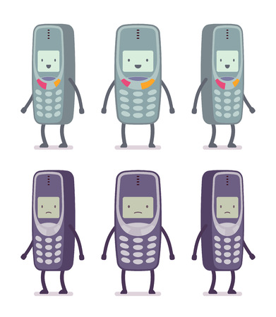 Set of happy and unhappy retro cell phones from different positions with legs and hands isolated against white background. Cartoon vector flat-style illustrationのイラスト素材