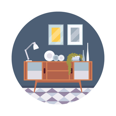 Retro interior with a sideboard bookcase, pictures, lamp in a circle. Cartoon vector flat-style illustrationのイラスト素材