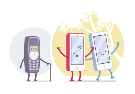 Old and new smartphone models in circles. Cartoon vector flat-style concept illustrationのイラスト素材