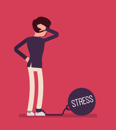 Businessman chained with a giant metall weight, written Stress on a ball, thinking the problem over, scratching his head. Rear view. Cartoon vector flat-style concept illustrationのイラスト素材