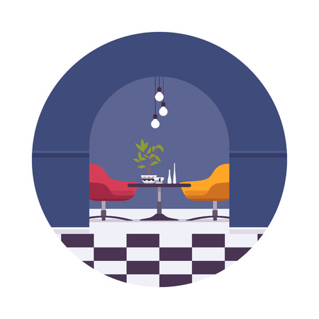 Retro interior with an arch doorway, navy blue walls, checked floor texture in a circle against white background. Cartoon vector flat-style interior illustrationのイラスト素材