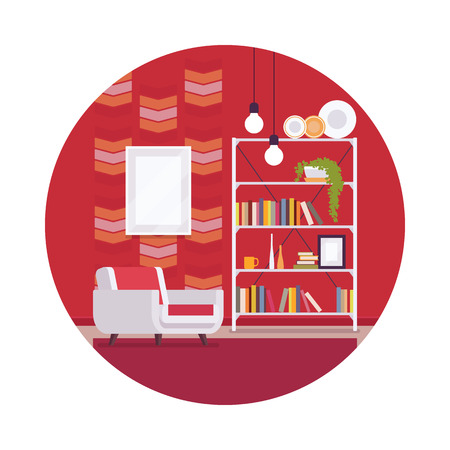Retro interior with red walls, white armchair in a circle. Cartoon vector flat-style interior illustration, copy space for text or picture in the frameのイラスト素材