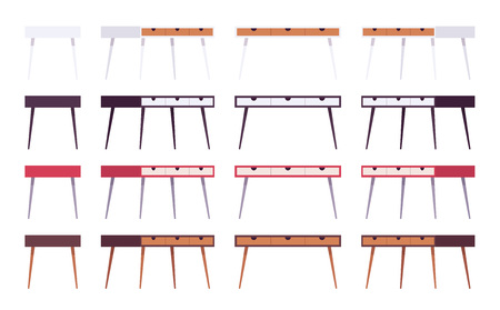 Set of tables with drawers shown from different positions. Cartoon vector flat-style illustrationのイラスト素材