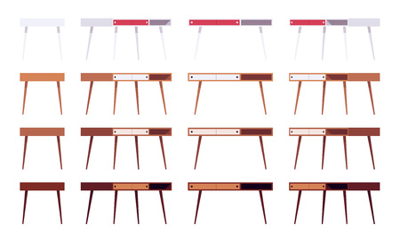 Set of tables with drawers shown from different positions, different colours. Cartoon vector flat-style illustrationのイラスト素材