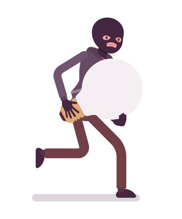 Thief, wearing a black balaclava, gloves is runnig away with stolen lamp bulb, symbol of idea in his hands. Cartoon vector flat-style concept illustrationのイラスト素材