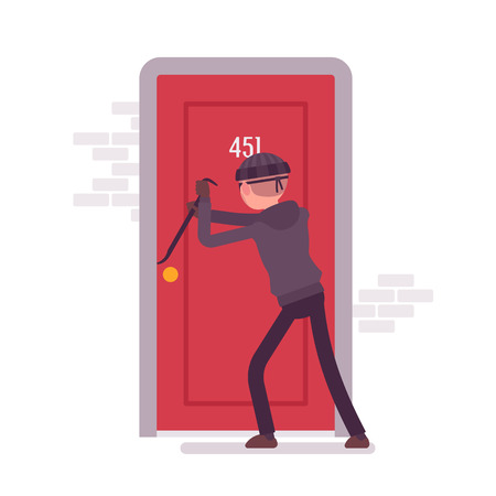 Thief making an effort to open the door with a crowbar. Cartoon vector flat-style concept illustrationのイラスト素材