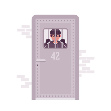 Thief imprisoned looking through the jail metal bars. Cartoon vector flat-style concept illustrationのイラスト素材