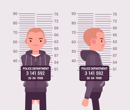 Mugshot of a young white man taken after arrest. Cartoon vector flat-style concept illustrationのイラスト素材