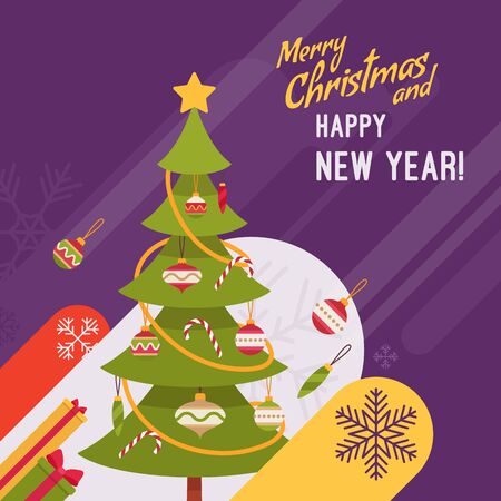 New Year and Christmas card with copyspace for texting. Purple background, green fur tree decorated with glass baubles and candy canes. Cartoon vector flat-style graphic templateのイラスト素材