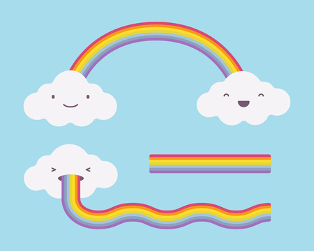 Cute white clouds on the light blue sky and rainbowの写真素材