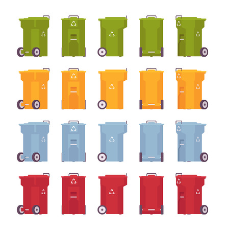 Set of trash bins on wheels, different colors and positionsのイラスト素材