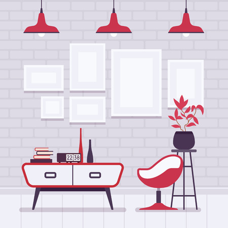 Retro interior with red lamps, frames for copyspace and mockupのイラスト素材