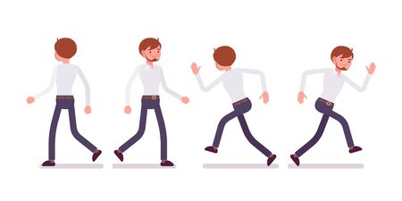 Set of male clerk in walking and running poses, rear, front viewのイラスト素材