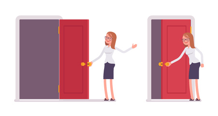 Young smiling female clerk opening red door and welcomingのイラスト素材