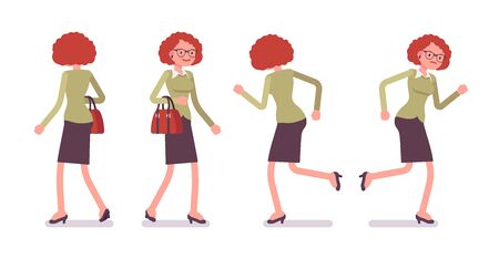 Set of young female office worker in walking and running posesのイラスト素材