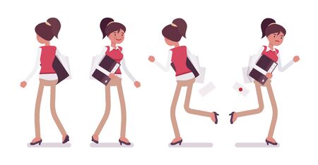 Set of young frmale office worker in walking and running posesのイラスト素材