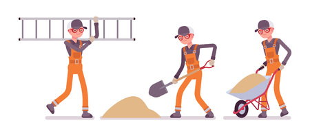Set of male worker in orange overall working with sandのイラスト素材