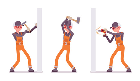 Set of male worker in orange overall nailling, drillingのイラスト素材