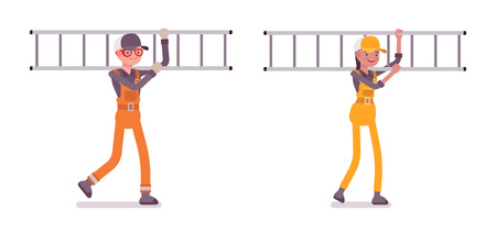 Set of male and female worker with ladder, wearing bright overallのイラスト素材