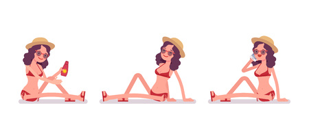 Woman in bikini set, sitting sunbathing, wearing hat, sunglasses, applying sunscreen, phone talking, enjoying summer vacation season. Vector flat style cartoon illustration, isolated, white backgroundのイラスト素材